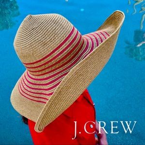J.CREW☀️Camel Tan/Red Wide Brim Packable Paper Straw Floppy Sun Hat